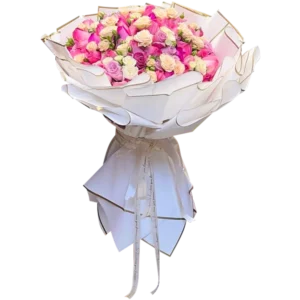 دسته گل رز صورتی و کرم